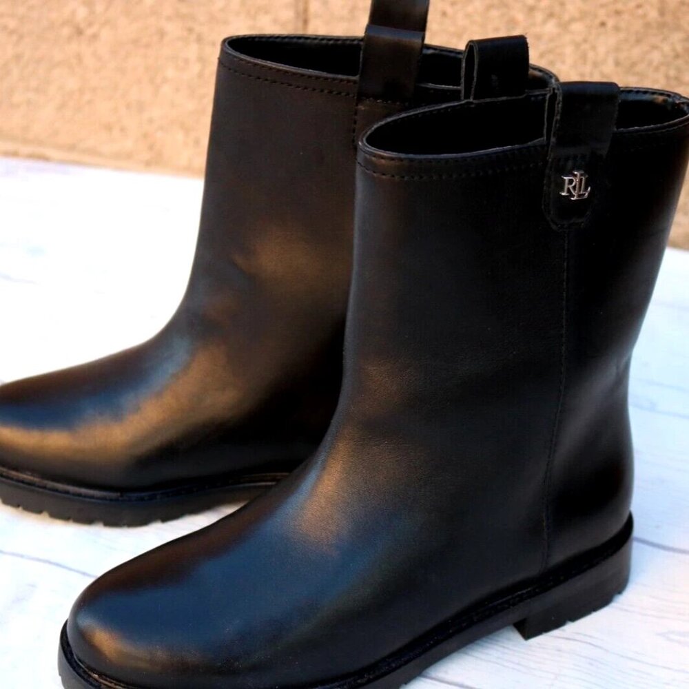 Lauren Ralph Lauren Women's Evelynn Bootie Pull On Ankle Boots Black Leather NEW